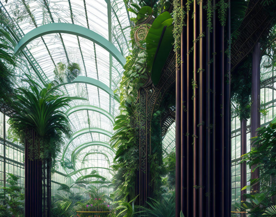 Grand greenhouse with lush greenery and ornate glass ceilings