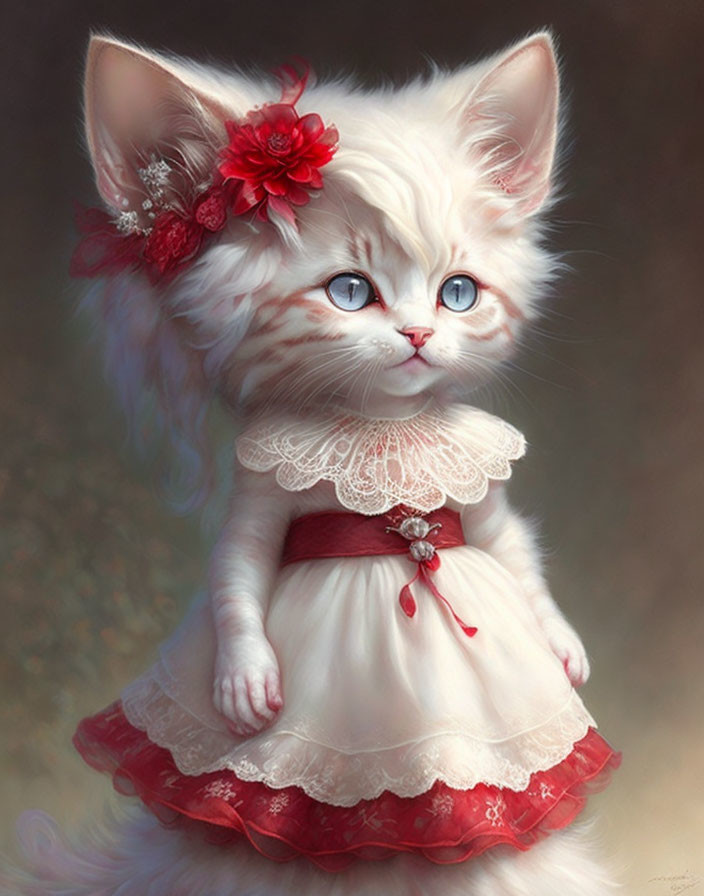 White kitten in red & white dress with blue eyes