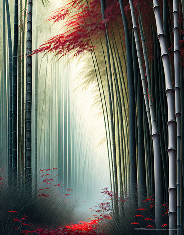 Tranquil bamboo forest with sunlight and mist highlighting green stalks.