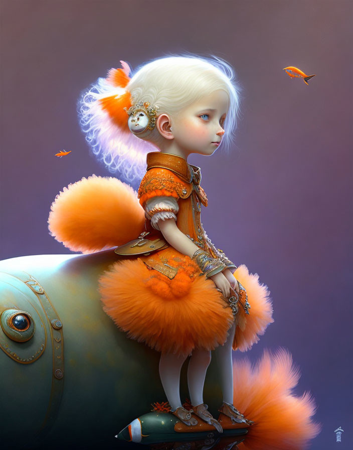 Child with Alabaster Hair in Orange Fantasy Outfit on Metallic Creature