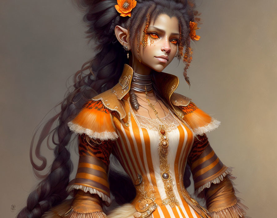 Fantasy-themed digital painting of a woman in ornate orange clothing with flowers and jewelry