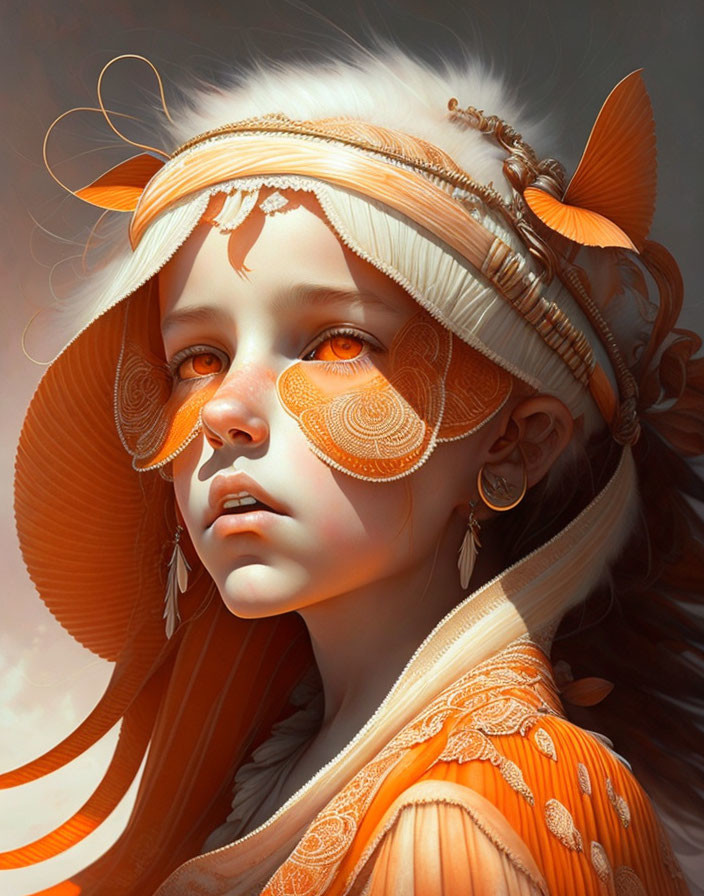 Portrait of young girl with pale skin in orange tribal face paint and attire