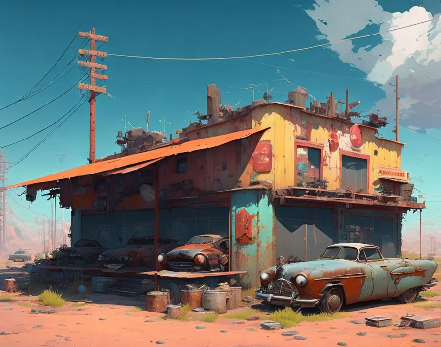 Abandoned two-story desert building with old cars and debris