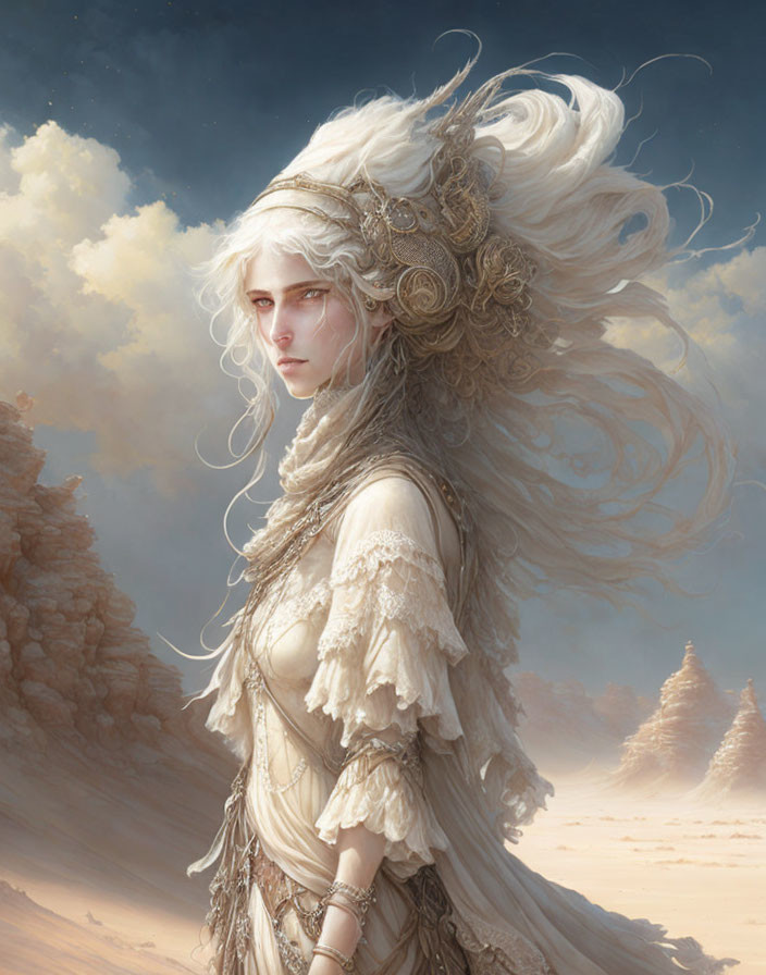 Fantasy artwork: Woman with wind-swept white hair and ornate headpiece in desert.