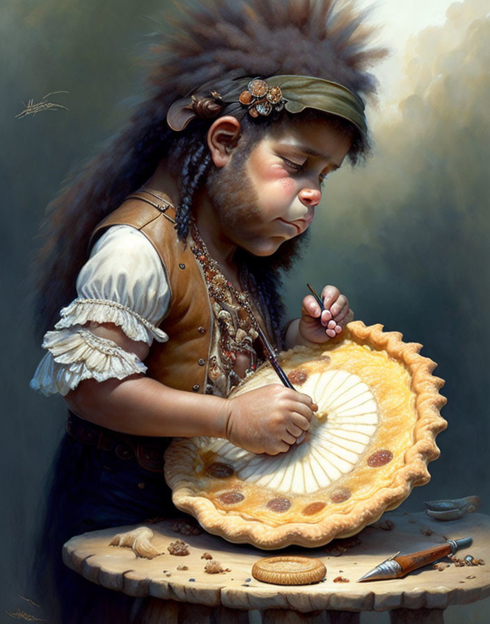 Child in Native American-inspired attire painting circular object on wooden table.