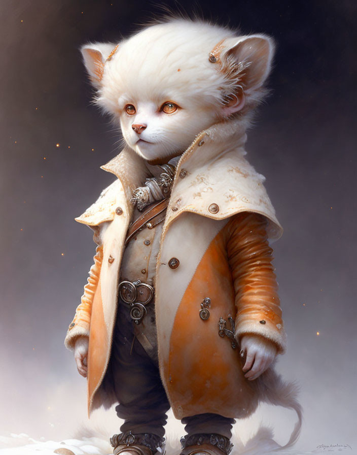 White Anthropomorphic Cat in Steampunk Attire gazes sideways