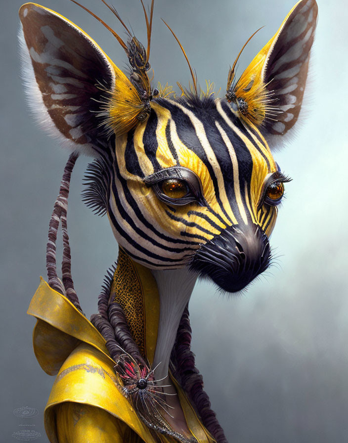 Hybrid humanoid creature with zebra and feline features in yellow attire and jewelry.