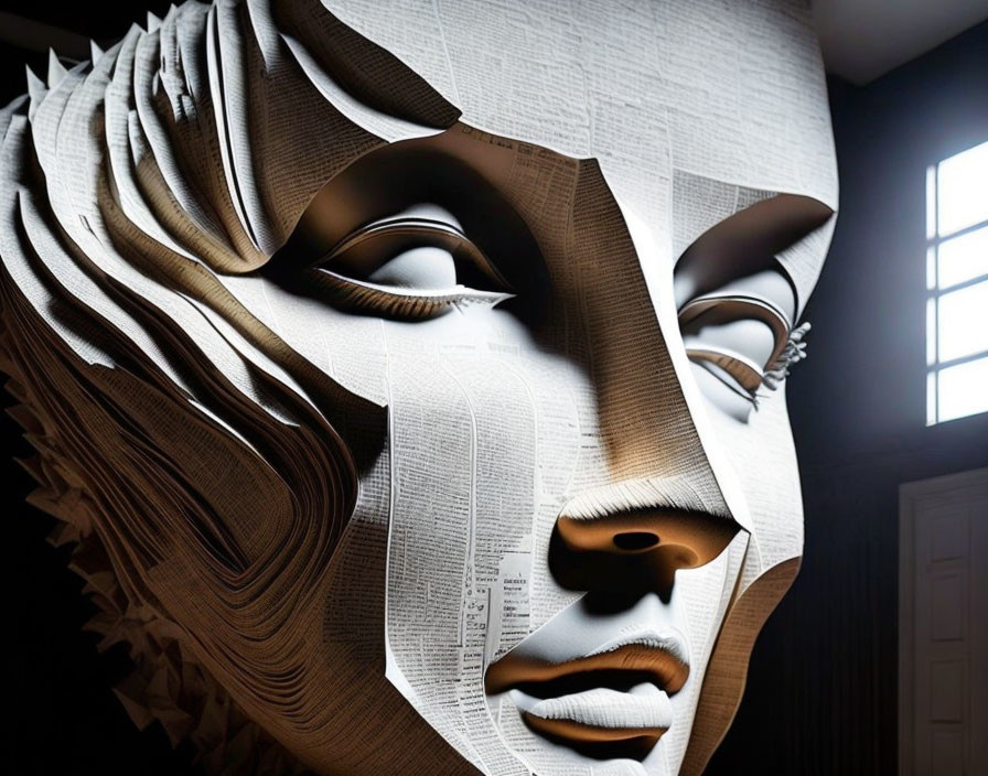 Layered Pages Form Human Face in 3D Artwork