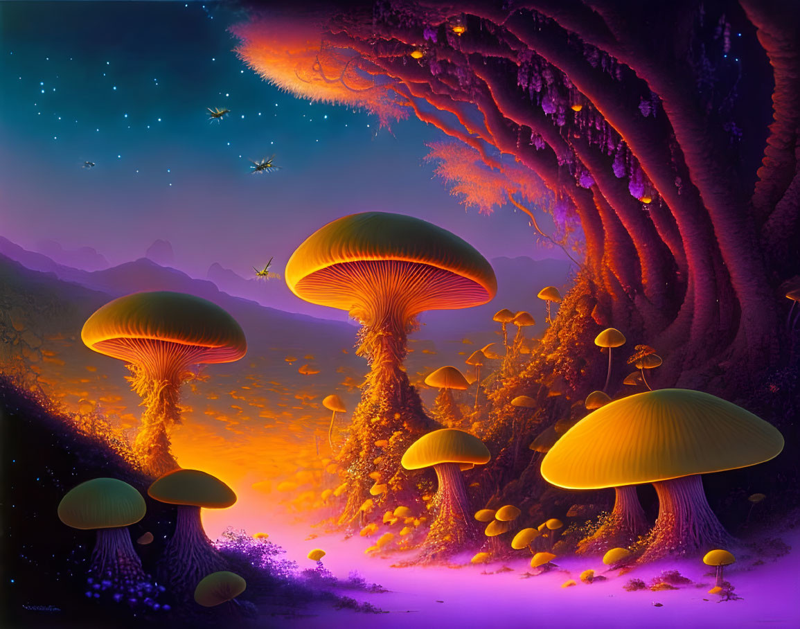 Fantasy landscape with glowing mushrooms and starry sky