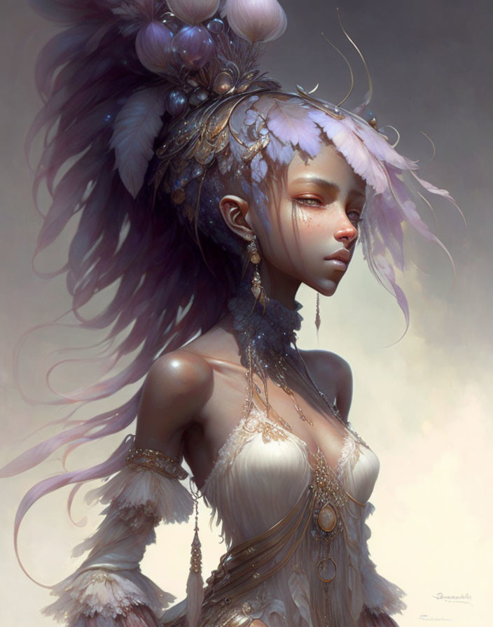 Fantasy illustration of woman with purple hair, feather headdress, jewelry, and fur outfit