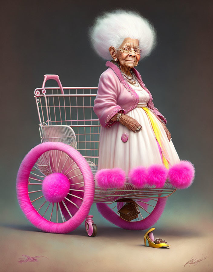 Elderly lady with white hair and pink shopping trolley in colorful outfit