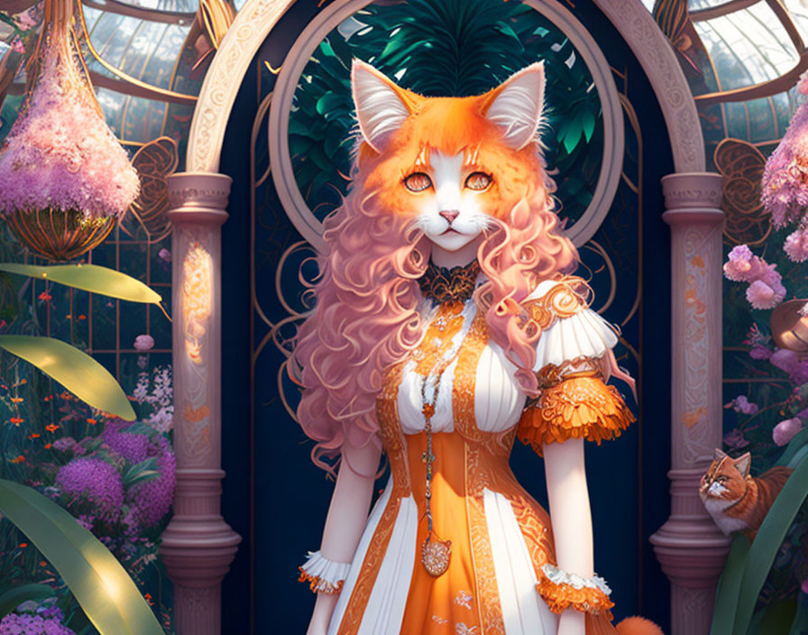 Anthropomorphic orange cat in elegant dress in ornate greenhouse