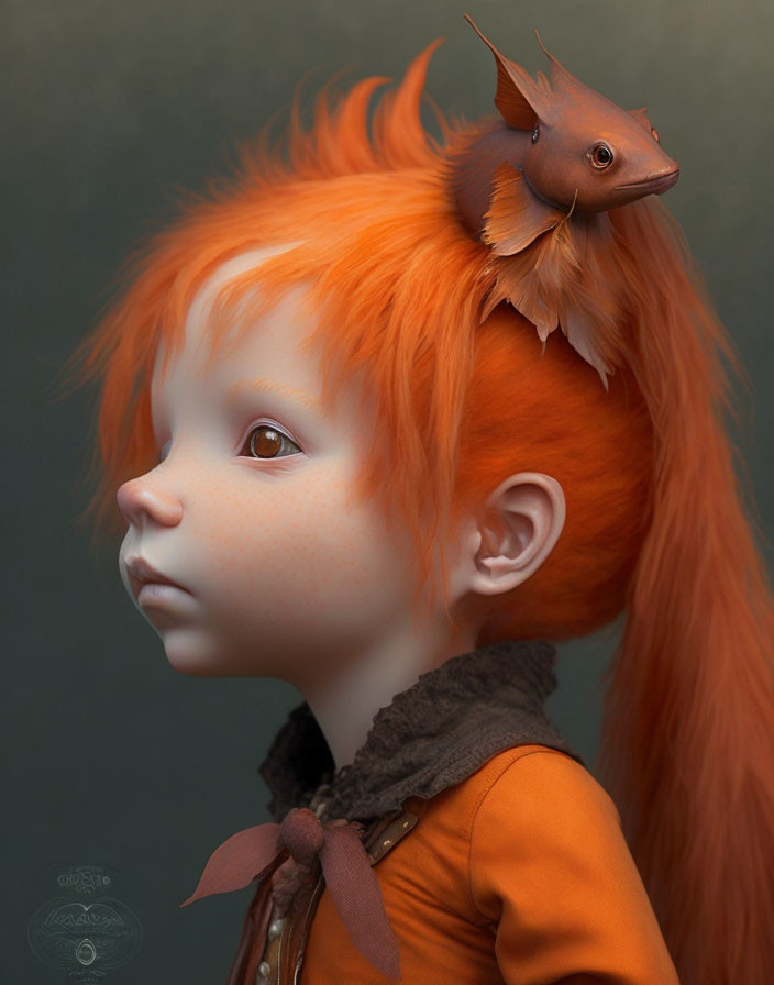 Vibrant orange hair doll with fish-like creature on head