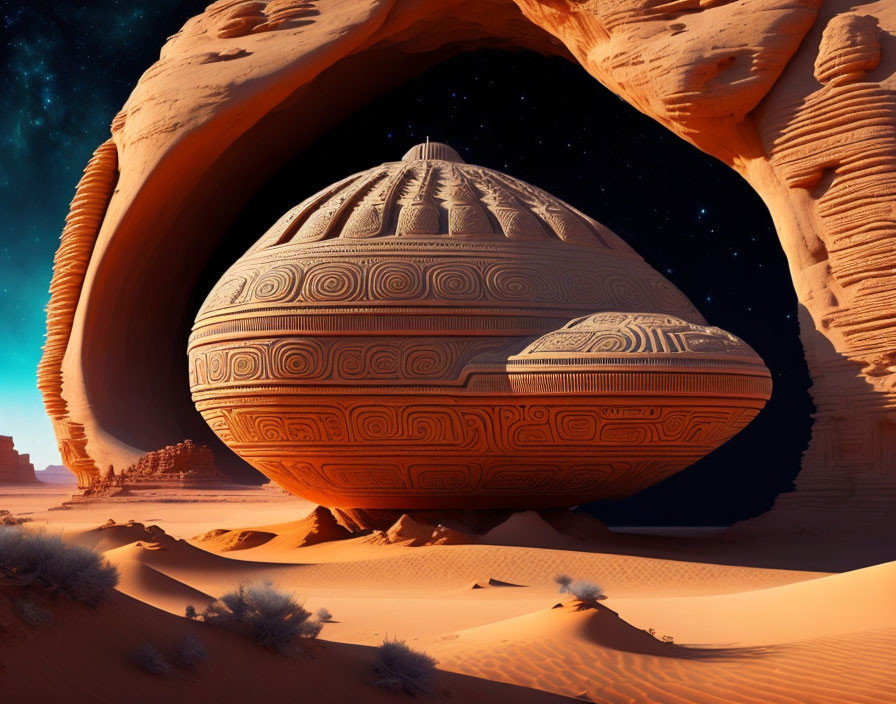 Intricate spherical structure in desert rock arches under starry sky