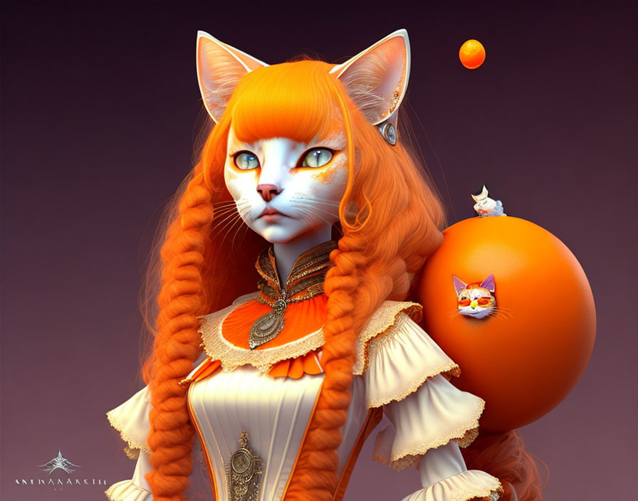 Anthropomorphic Orange Cat Character with Blue Eyes and Miniature Floating Creatures