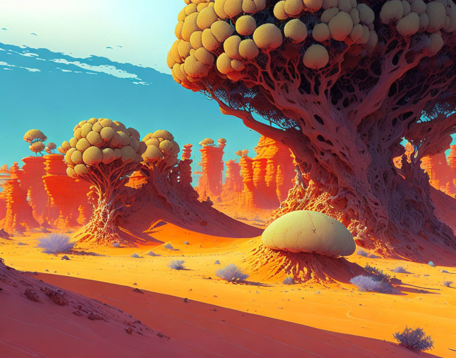 Vibrant orange sand, towering rock formations, bulbous trees in surreal desert landscape