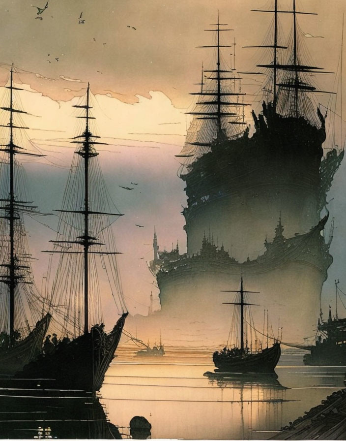 Harbor scene at dusk: tall ships, city silhouette, birds in sky