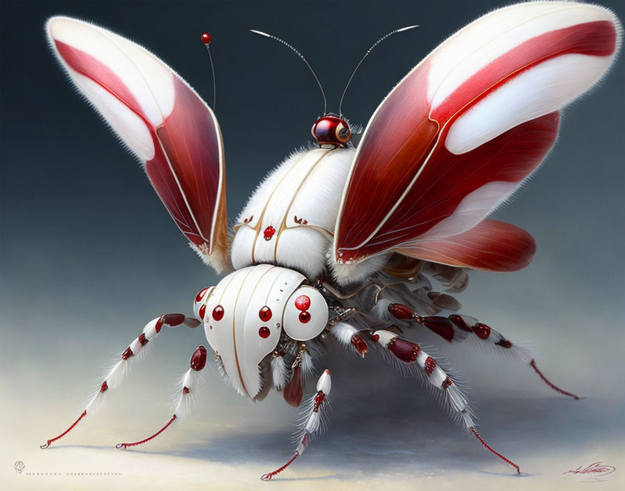 Detailed digital illustration of fantastical butterfly-like creature with red and white wings, multiple eyes, and intricate