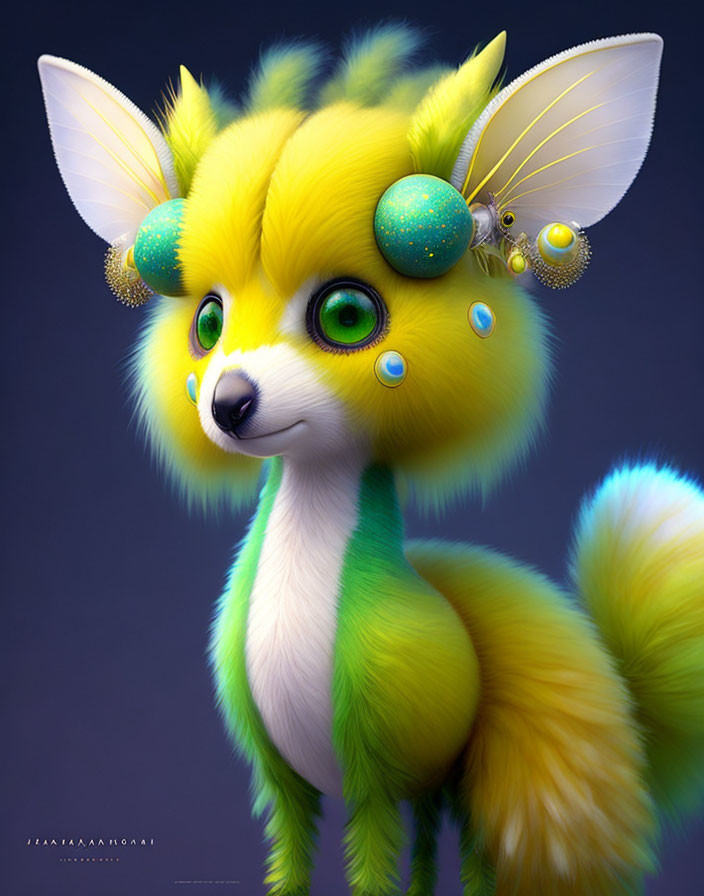 Colorful digital artwork featuring whimsical creature with yellow and green fur, large adorned ears, and lumin