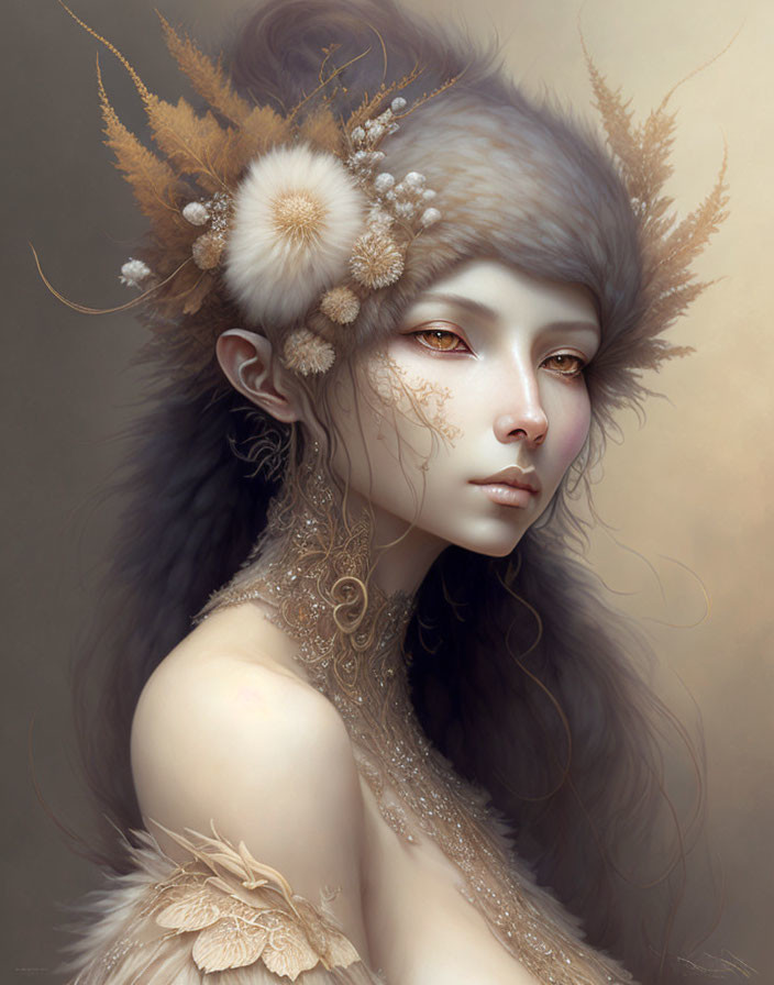 Ethereal female figure with furry headdress and golden details