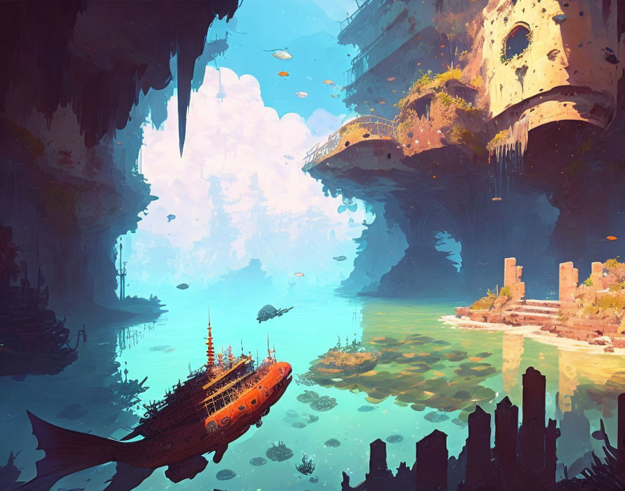 Vibrant underwater scene: ancient city ruins, submarine, exotic marine life