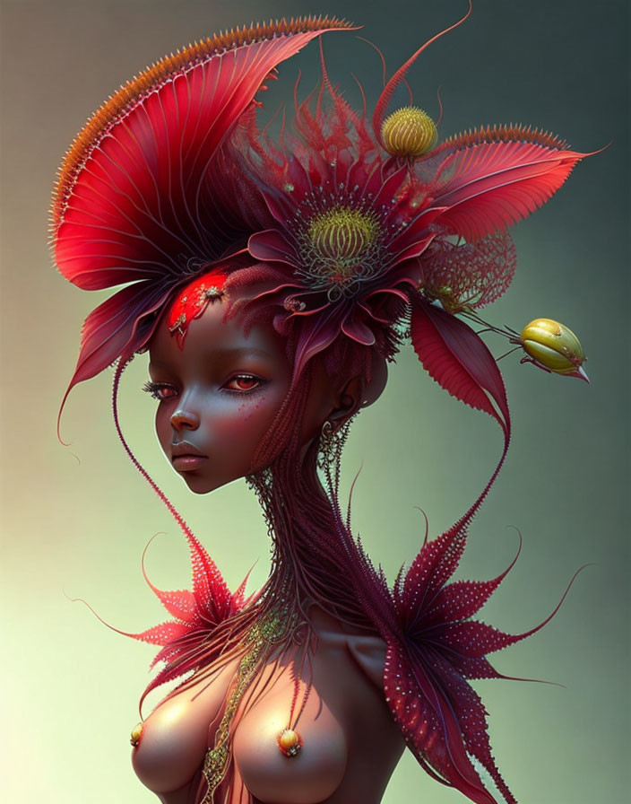 Fantastical digital artwork of woman with red skin and floral headdress