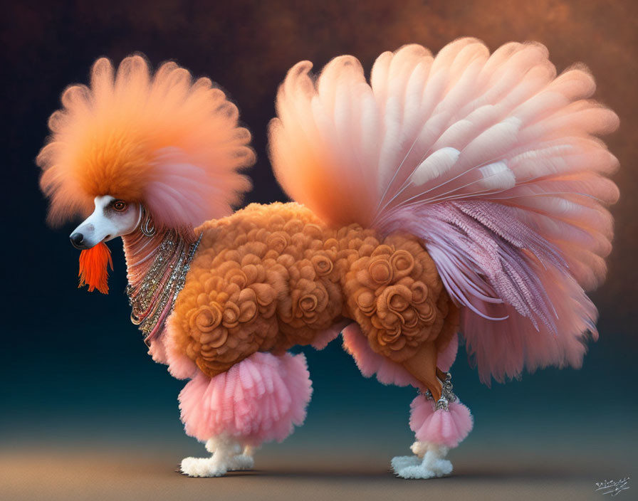 Fluffy Pom-Pom Poodle with Feather-Like Tail on Gradient Background