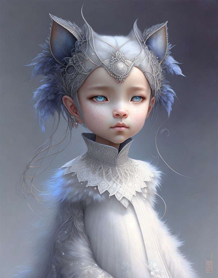 Child with Cat-like Ears in Ornate Silver Headgear and Blue Feathers