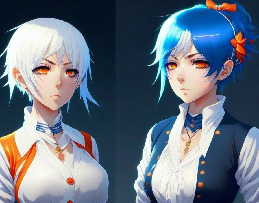 White-haired and blue-haired animated characters with orange eyes and a bow on a dark background