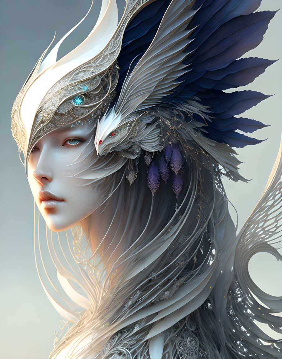 Ethereal figure with pale complexion and majestic bird-like headpiece