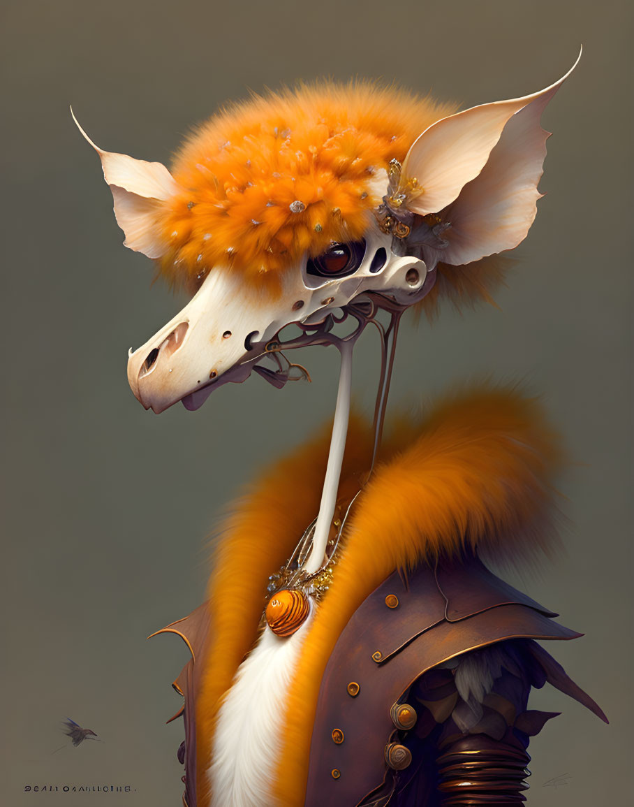 Surreal creature with skull-like face, large ears, orange mane, jewels, and armor