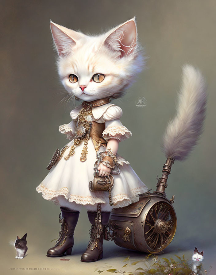 White steampunk kitten with mechanical leg and mice