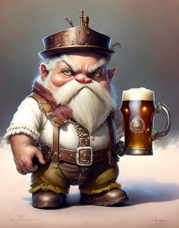 Fantasy dwarf illustration with steampunk hat and beer mug