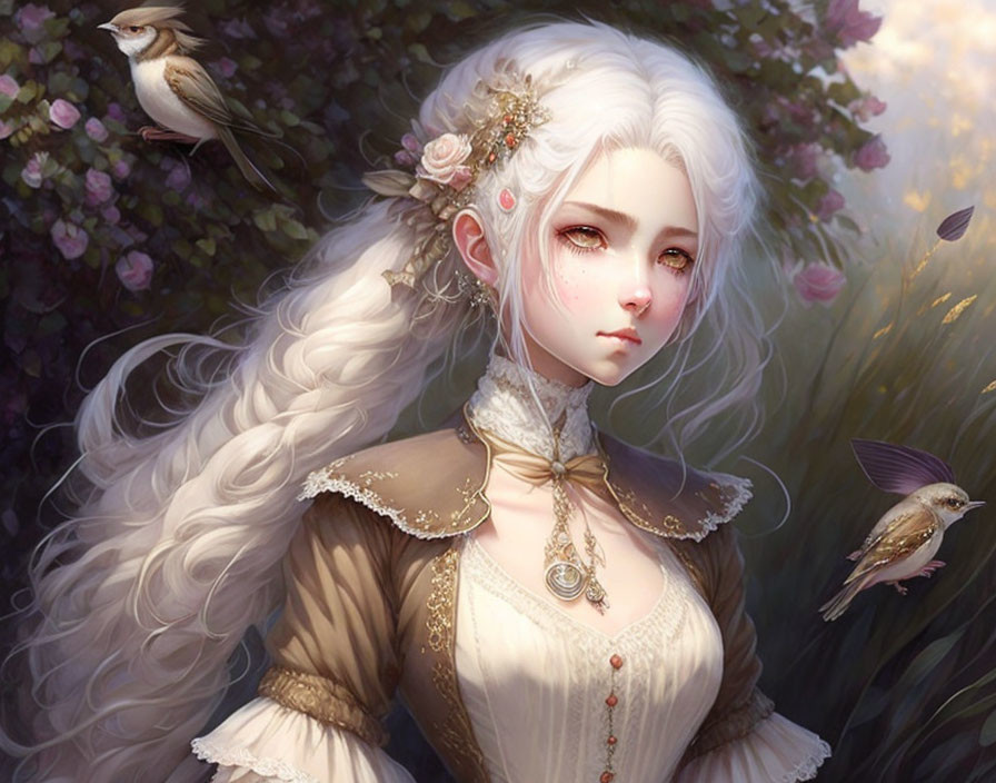 Digital illustration of woman with white hair in Victorian attire, surrounded by birds in a dreamy, floral