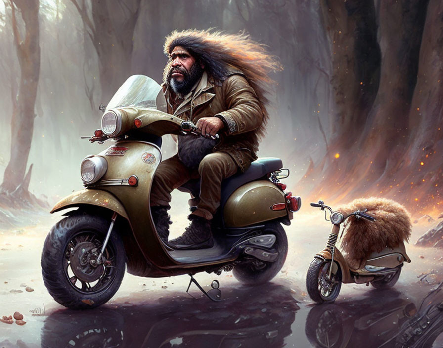 Bearded man on scooter with dog in sidecar in misty forest