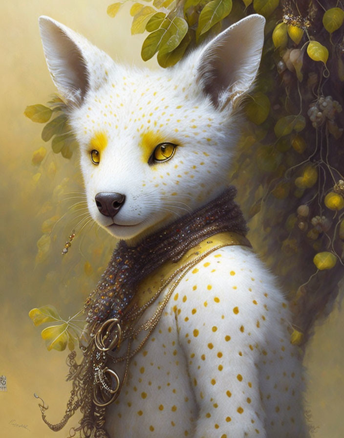 White Fox with Yellow Eyes and Beaded Necklace in Nature Scene