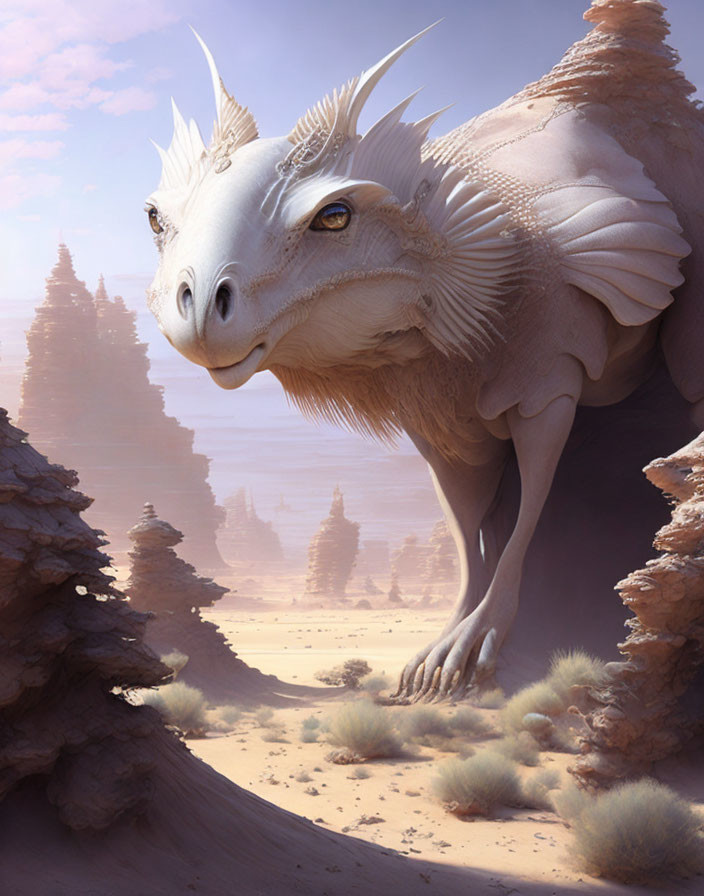 White dragon with expressive eyes in desert landscape