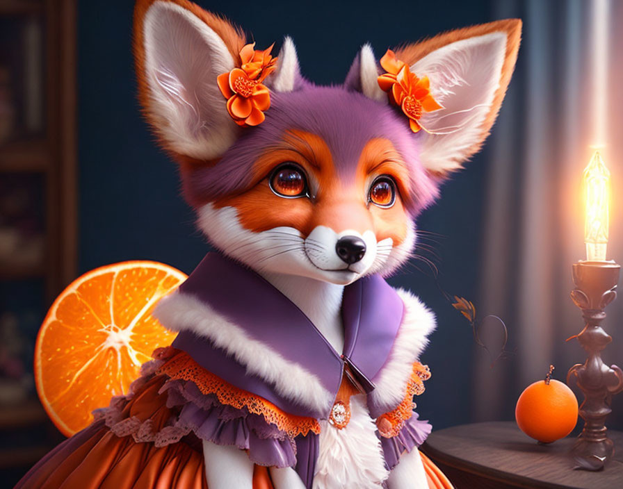 Orange Fox with Floral Ears in Purple Shawl and Dress Beside Orange Slice