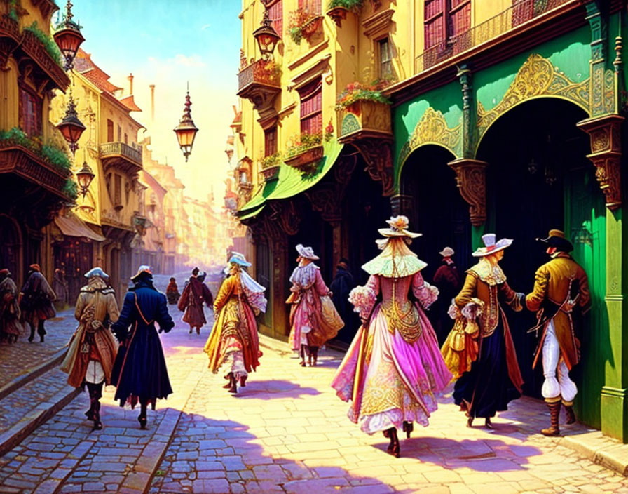 Historical scene: People in vintage attire on sunlit cobblestone street