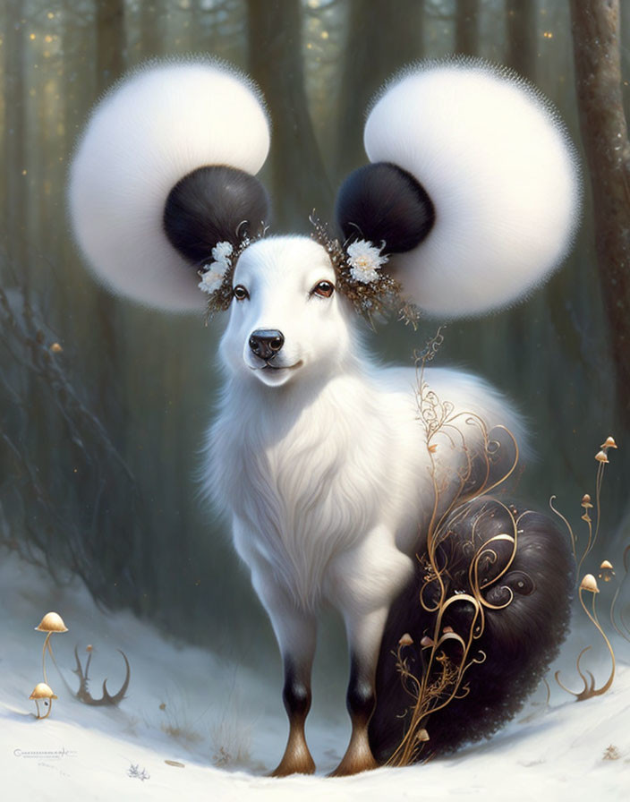 Fawn-like creature with mouse-like ears and floral details in snowy forest