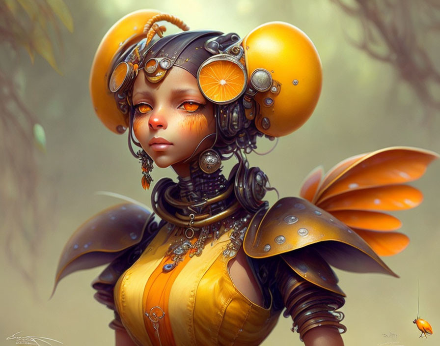 Whimsical character in orange-themed mechanical armor and citrus accessories