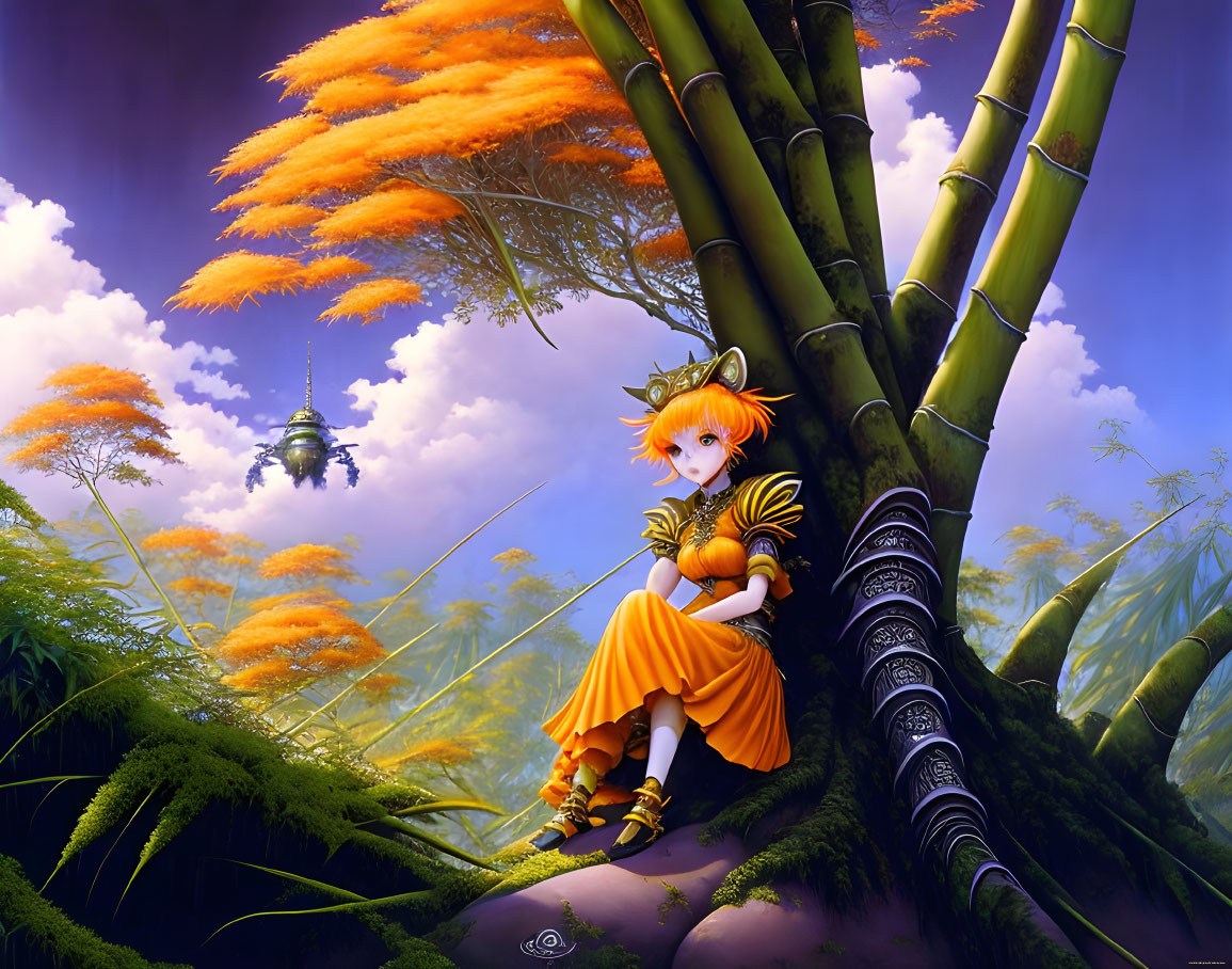 Colorful illustration: Girl with orange hair in bamboo forest under purple sky