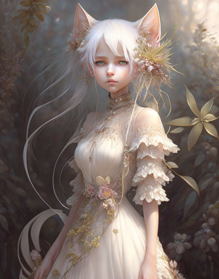 Fantasy illustration of female character with white feline ears and blue eyes