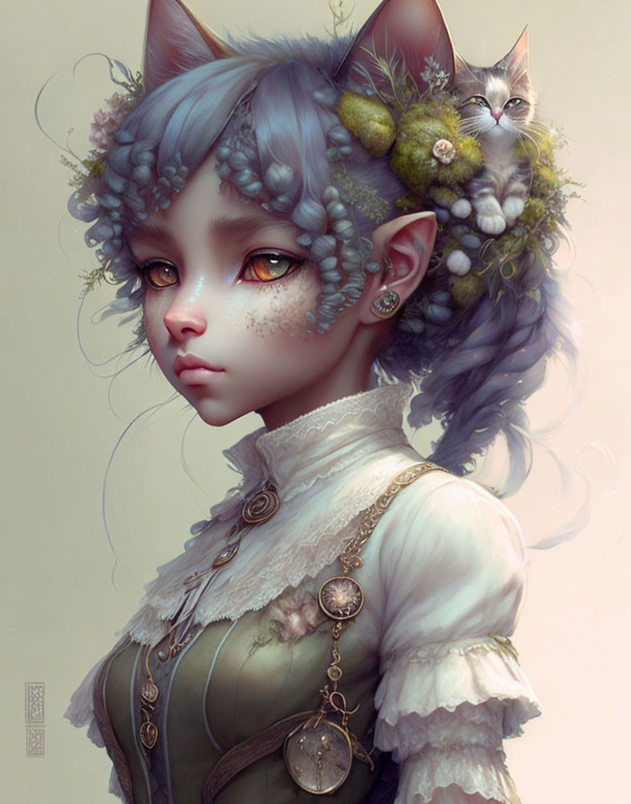 Fantastical portrait of female with cat-like features and blue hair adorned with flowers and greenery.