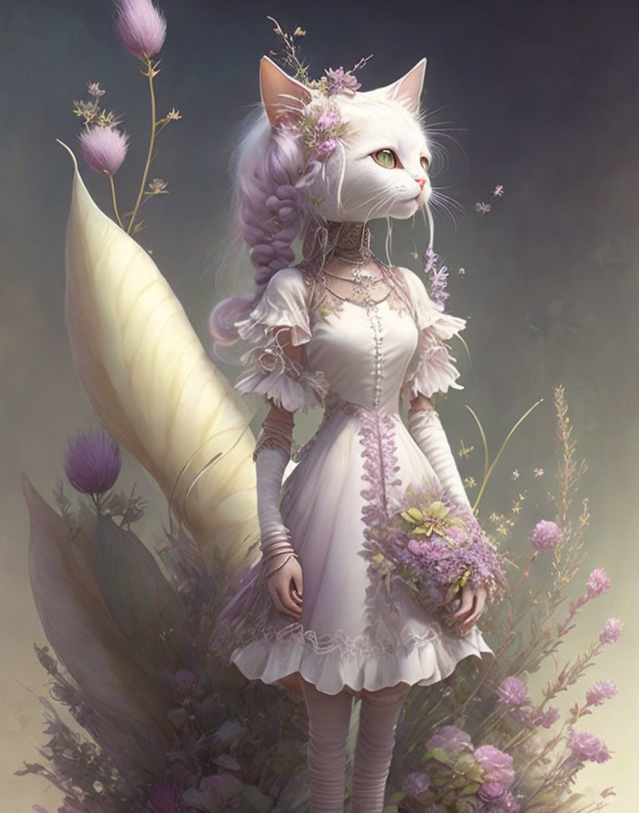 White Cat Character in Elegant Dress with Floral Background