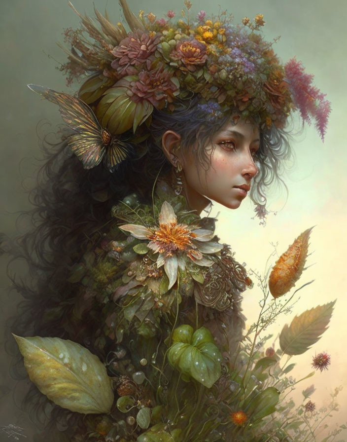 Ethereal figure with flower crown and butterfly resting.