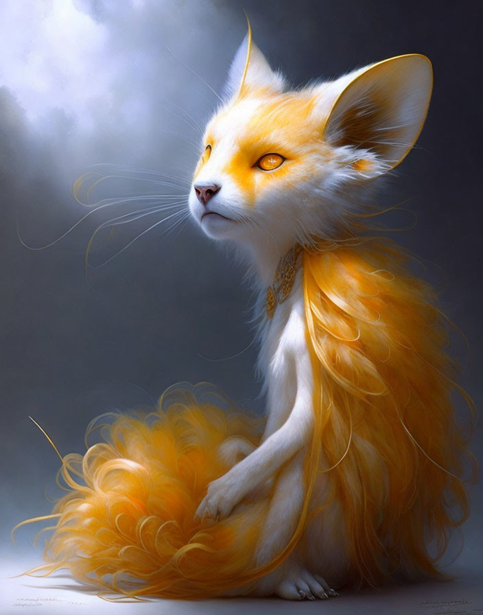 Majestic orange creature with fox and cat features and luminous yellow eyes