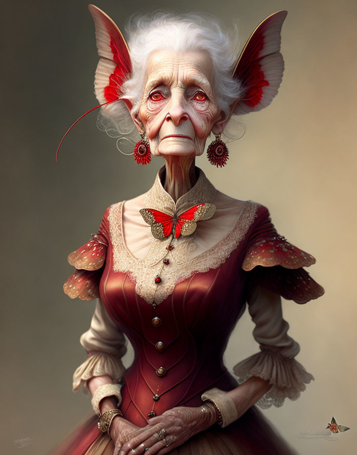 Elderly Fantasy Woman with Pointed Ears and Intense Gaze