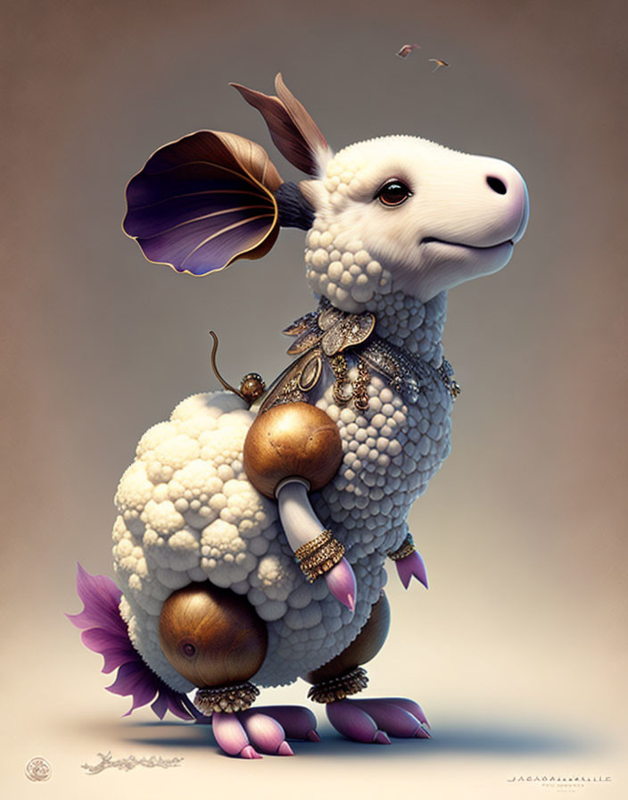 Illustration: Whimsical creature with lamb's head and elegant jewelry, cauliflower and shell-like body