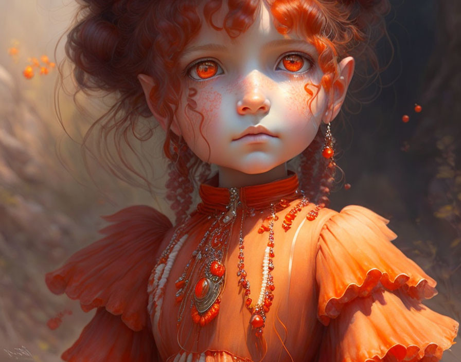 Detailed digital illustration of young girl with expressive eyes and red-orange facial markings in ornate attire